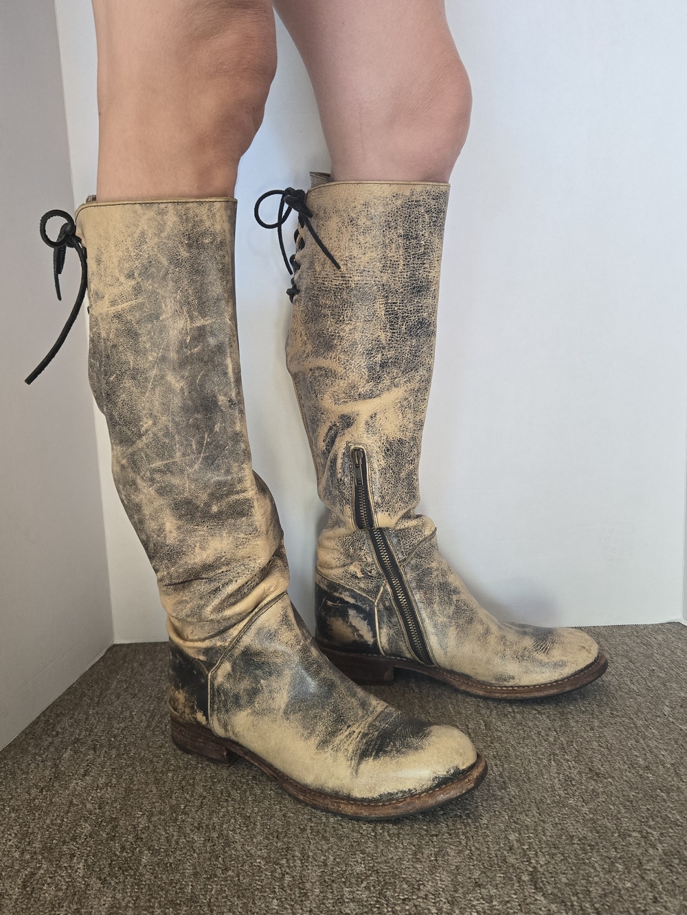BED|STU Distressed Tan and Black-Wash Over-the-Knee Leather Boots - Picture 3 of 10